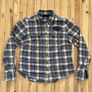 Harley Davidson Plaid Flannel Shirt Womens Button Up Motorcycle club Blue‎ Tan S